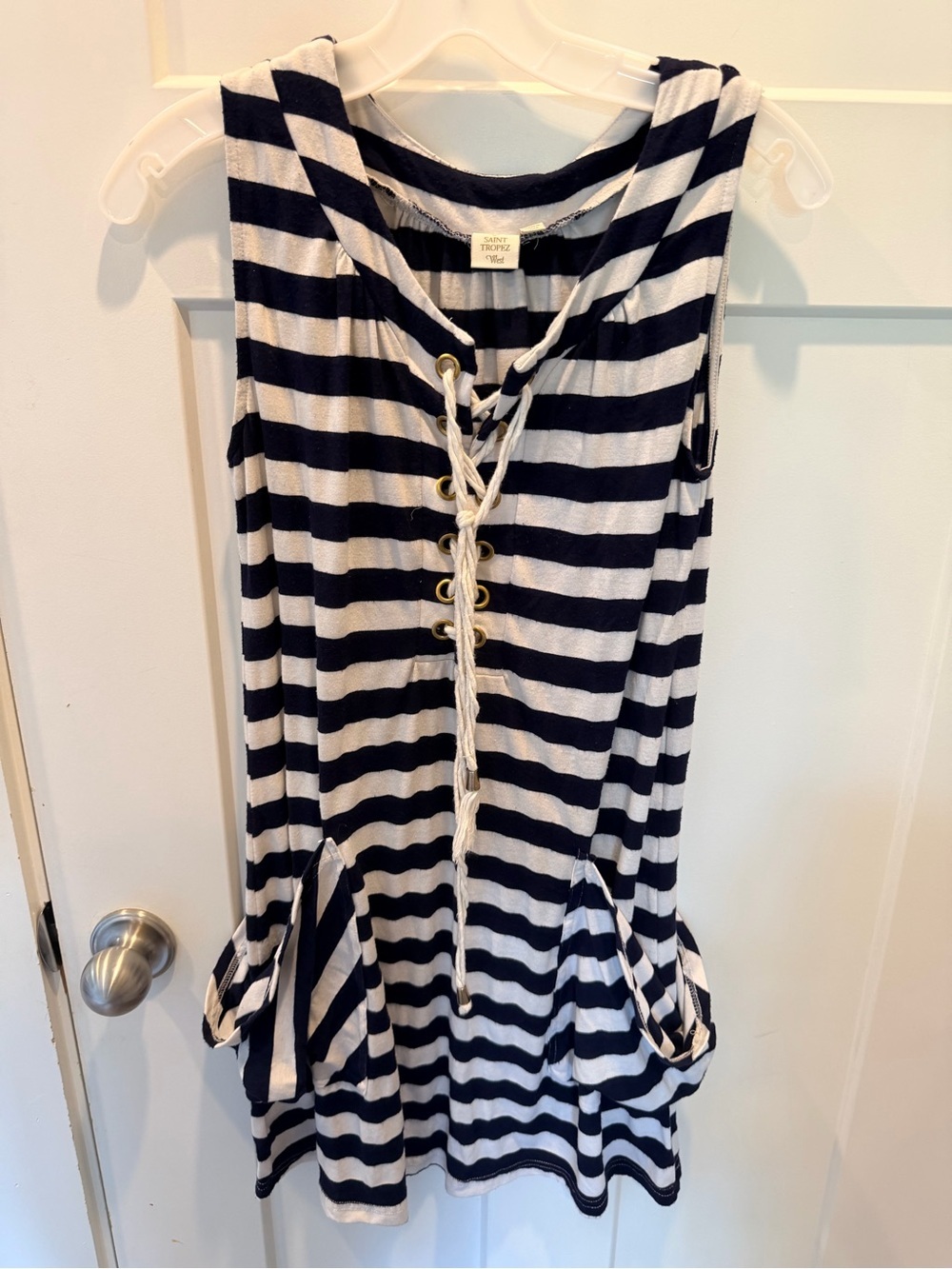 Saint Tropez West XS Navy White Nautical Stripe Lace Up Tunic Dress Cover Up
